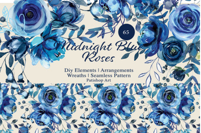 Watercolor Midnight Blue Floral Clipart