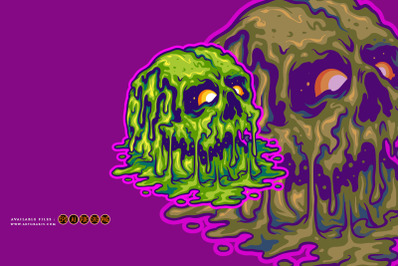 Zombie skull head melting illustrations