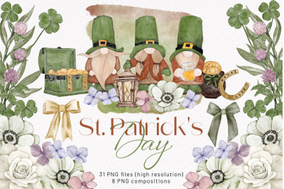 St. Patrick&#039;s Day Watercolor Clipart. Green Gnome Leprechaun Sublimati