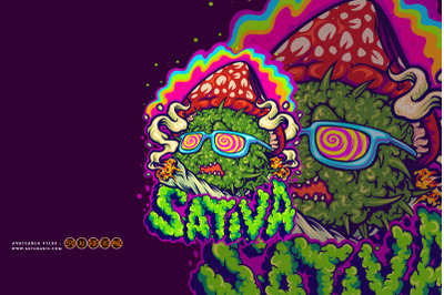 Psychedelic mushrooms sativa hand lettering illustrations