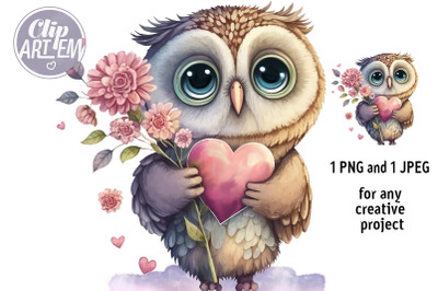 Loving Owl with Heart Flower Clip Art Watercolor PNG, JPEG Love Image