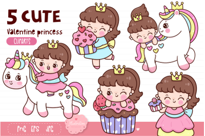 Cute unicorn and princess valentine day kawaii clipart