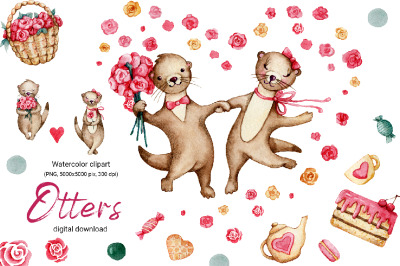Love Otter watercolor clipart, Valentine&#039;s Day card