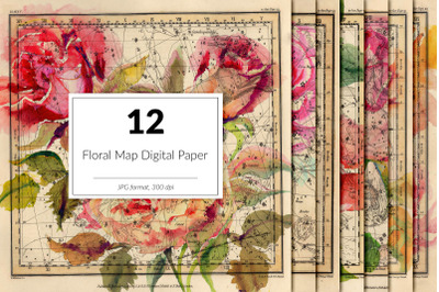 Vintage floral maps digital paper