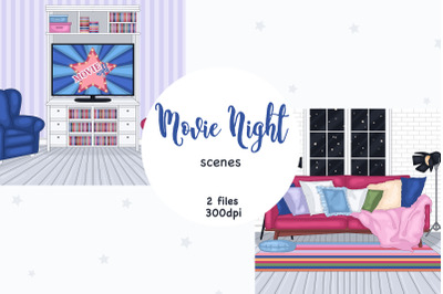 Movie Night Scene Clipart | Living Room Illustration