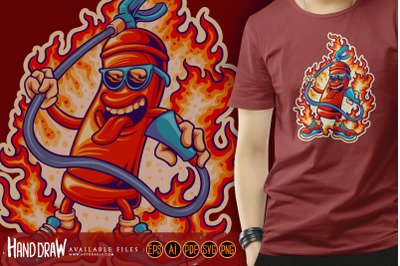 Flaming fire hydrant spray with sunglasses illustrations