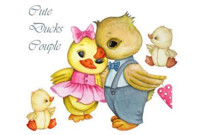 Cute Ducks Couple. Watercolor art for children.