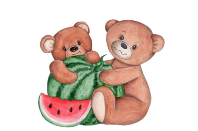 Two little Teddy bears and a watermelon. Watercolor illustration.