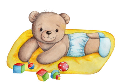 Teddy Bear baby. Watercolor hand painted art for children.