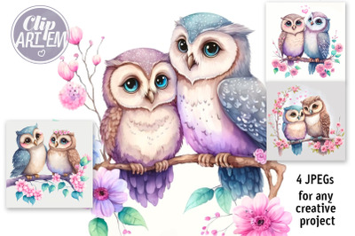 Love Owls Watercolor 4 JPEG images Bundle, Couple in Love  Wall Art