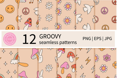 Hippie groovy backgrounds. 1970 Retro seamless patterns