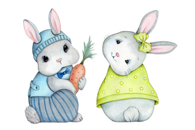 Cute little bunny rabbits. Watercolor hand drawn art.
