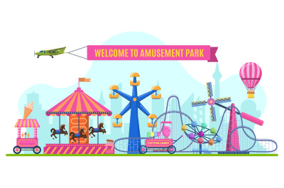 Amusement park landscape with rollercoaster, ferris wheel, merry-go-ro