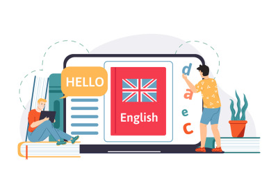 Online education, homeschooling. Male students learning English langua