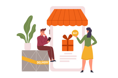 Online store purchasing, mobile payment. Woman ordering gift in intern