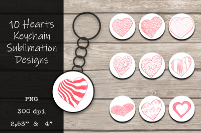10 Red Hearts Keychain Sublimation PNG Designs