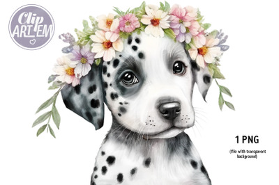 Dalmatian Floral Girl Watercolor Clip Art PNG Image Sublimation