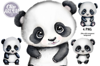 Baby Panda 4 Bundle Watercolor Clip Art, wall Art images