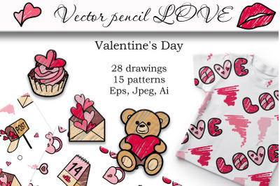 Vector pencil Love. Valentine&#039;s Day