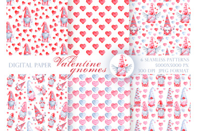 Valentines gnomes watercolor seamless pattern, digital paper. Love.