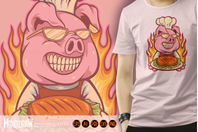 Chef pig meat bbq mascot illustration