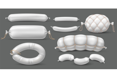 Sausage packaging mockup. Realistic white cellophane wrappers&2C; differe