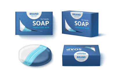 Soap bar package design. Realistic cardboard box mockup&2C; branded paper