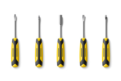 Realistic screwdrivers. Home worker tools with different heads. Cross,