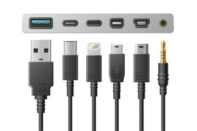 Realistic usb types. Smartphone ports, cables with different socket, d