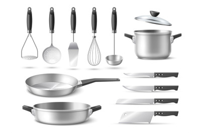 Realistic utensil. Metal kitchenware, cooking tools, pots and frying p