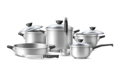 Realistic cookware. Silver shiny kitchenware composition, metallic ute