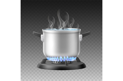 Realistic cooking boiling water. Heated steel pot on gas burner, isola