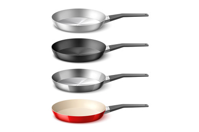 Realistic frying pans. 3d dishes with different coatings, metallic coo