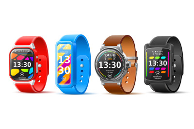 Smartwatches set. Realistic electronic sportbands angle view, wearable