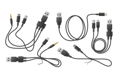 Realistic adapter cables. Black flexible wires with usb different type