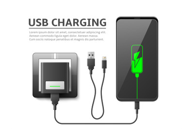 Realistic phone charge process. Smartphone recharging&2C; flexible cable