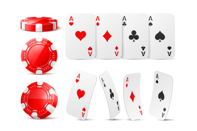 Realistic casino chips and aces. Red game tokens and playing cards, di