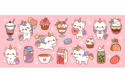 Cute little unicorns cats sweets. Sugar desserts and drinks&2C; fruit mil