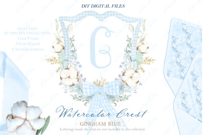 Blue Gingham Wedding Family Crest DIY Bow Cotton Floral Digital papers