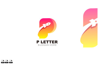 letter p with rocket logo symbol design gradient color