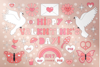 Hippy Valentine&#039;s Day Retro Collection Vector Clipart