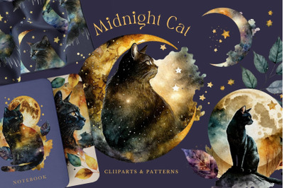 Cat Watercolor Moon Starry Mystic Magic illustration