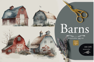 Whimsical Set of 40 Watercolor Barns Illustrations
