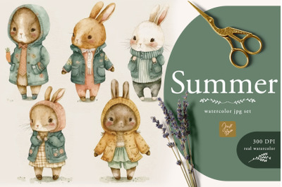 Cute Adorable Set of 40 Watercolor Bunnies Illustrations