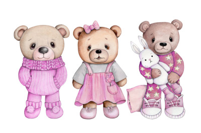 Three  fun Teddy Bears in pink clothes. Watercolor art for children.