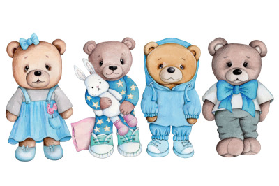 Four  fun Teddy Bears in blue clothes. Watercolor art for children.