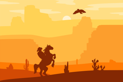 Retro Wild West Hero on Galloping Horse In Desert