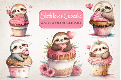 Sloth Loves Cupcake Valentine Clipart Bundle