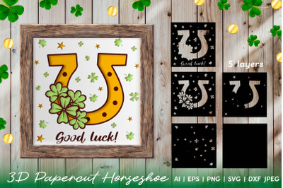 3D Papercut Horseshoe with clovers | Patrick&#039;s Day Card