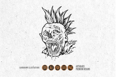 Spooky monster zombie punk head logo illustrations monochrome